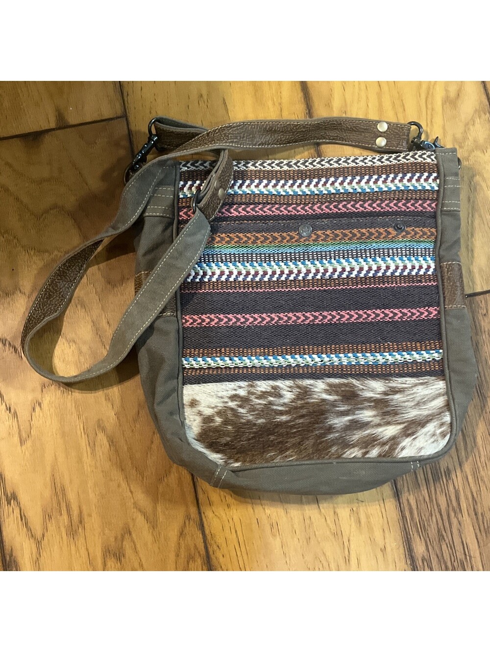 Myra Bag Multilayered Crossbody Bag Upcycled Canvas Cowhide Leather Boho Western